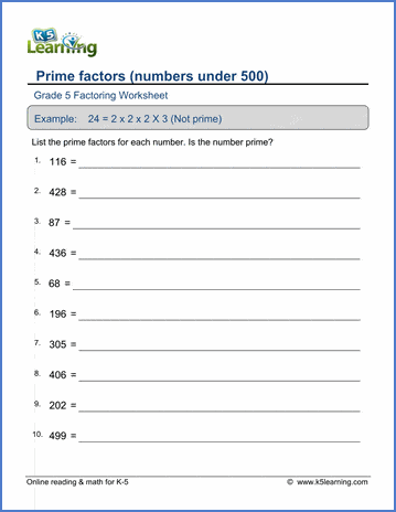 Grade 5 Factoring Worksheets: Prime factors (numbers under 500 ...