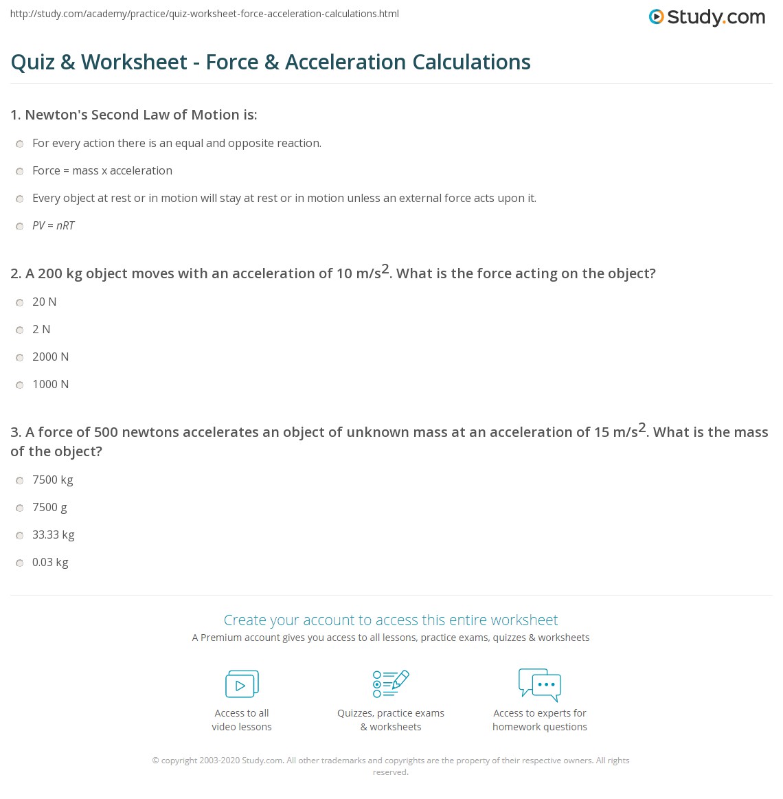 Quiz &  Worksheet - Force &  Acceleration Calculations | Study.com