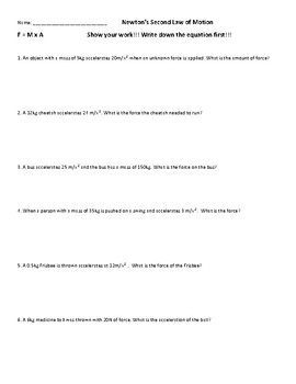 Force, Mass, Acceleration worksheet by Mrs Coverts Class | TPT