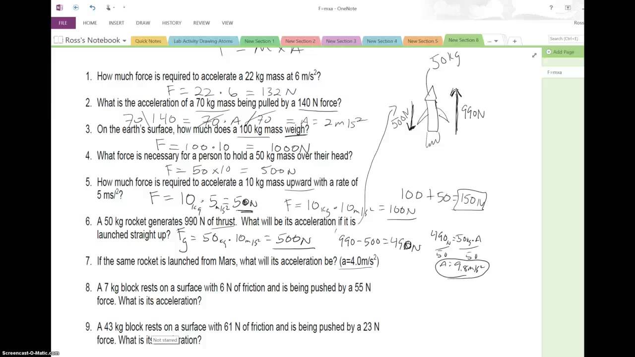 force and mass worksheet