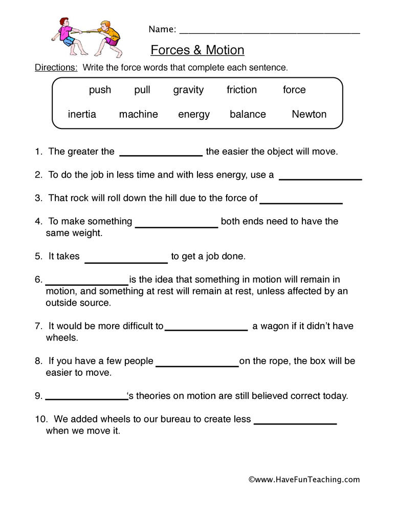 Forces Motion Worksheet  