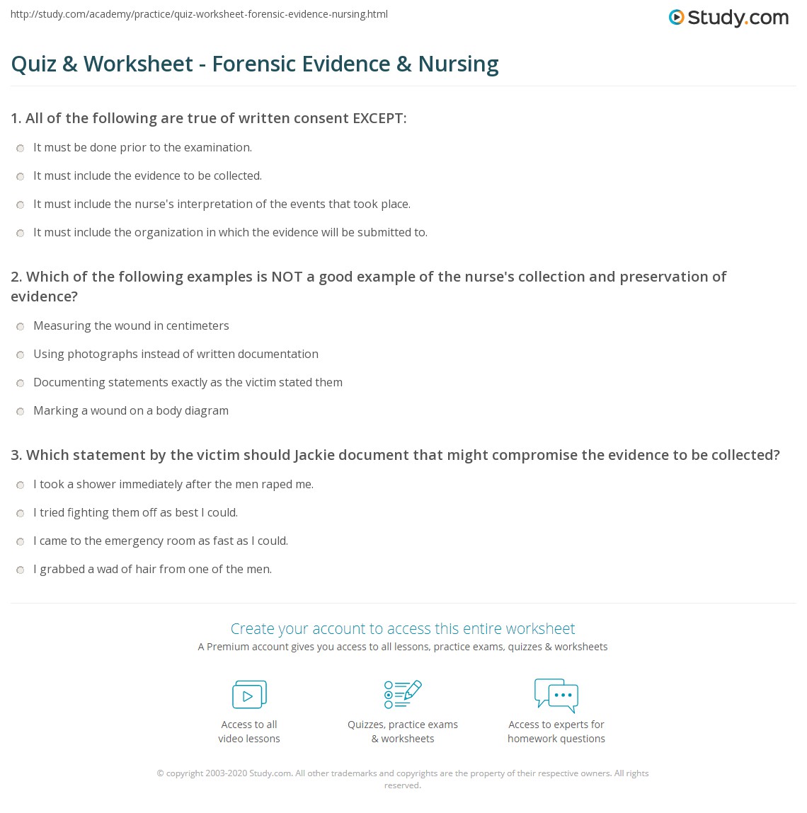 Quiz &  Worksheet - Forensic Evidence &  Nursing | Study.com