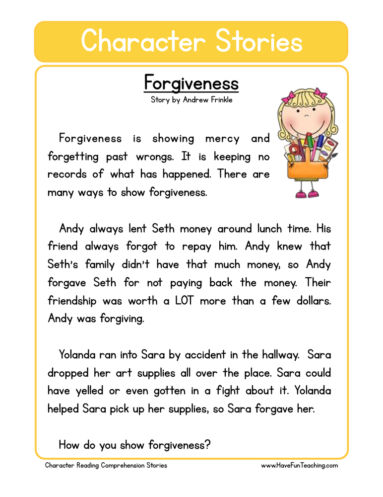 Forgiveness Character Reading Comprehension Worksheet - Have Fun ...
