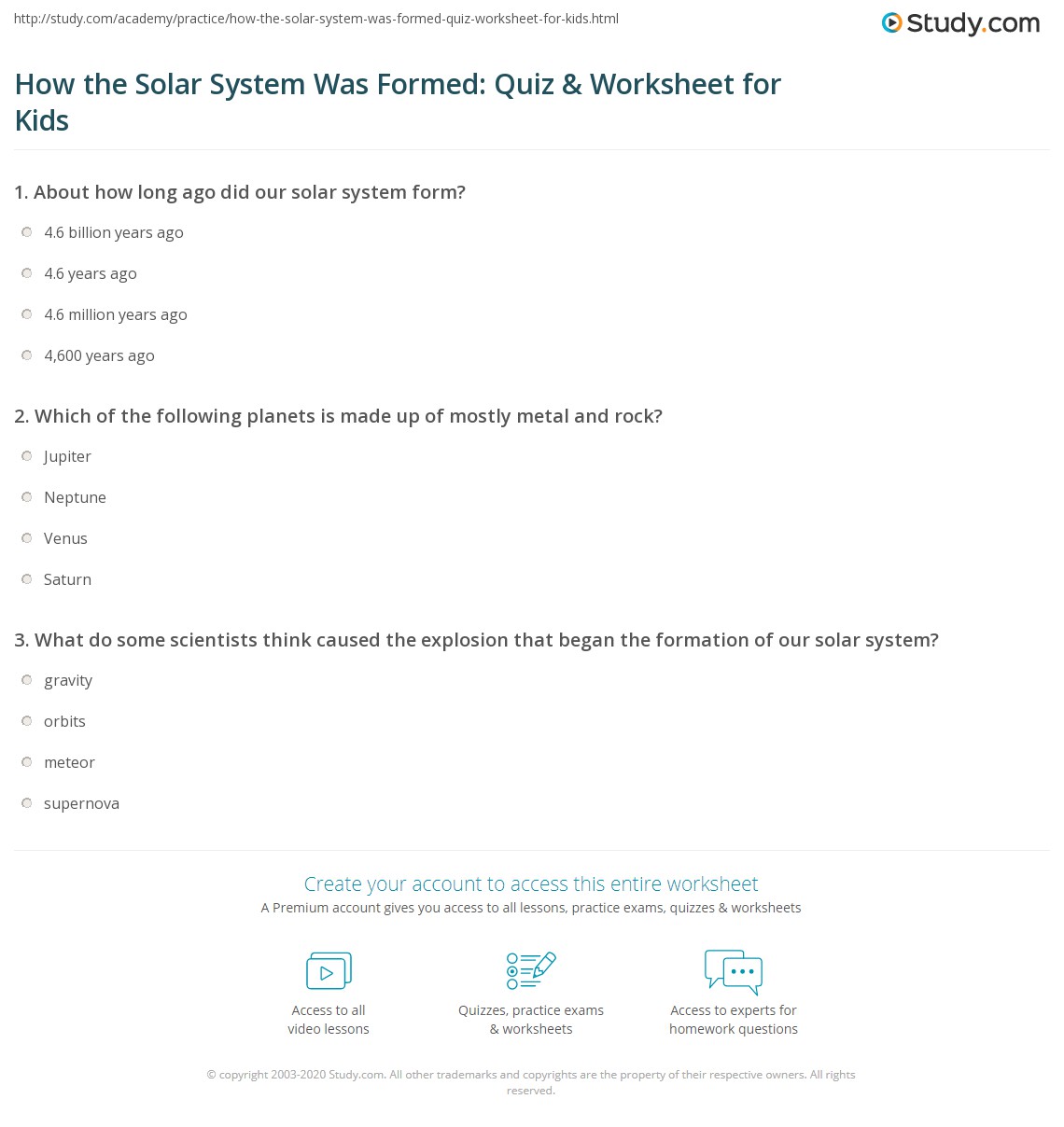 How the Solar System Was Formed: Quiz & Worksheet for Kids | Study.com ...