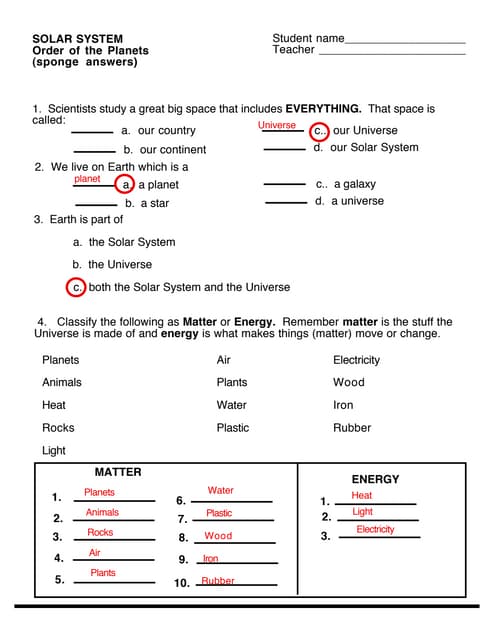 Order of Planets (Worksheet answers ) | PDF - Worksheets Library