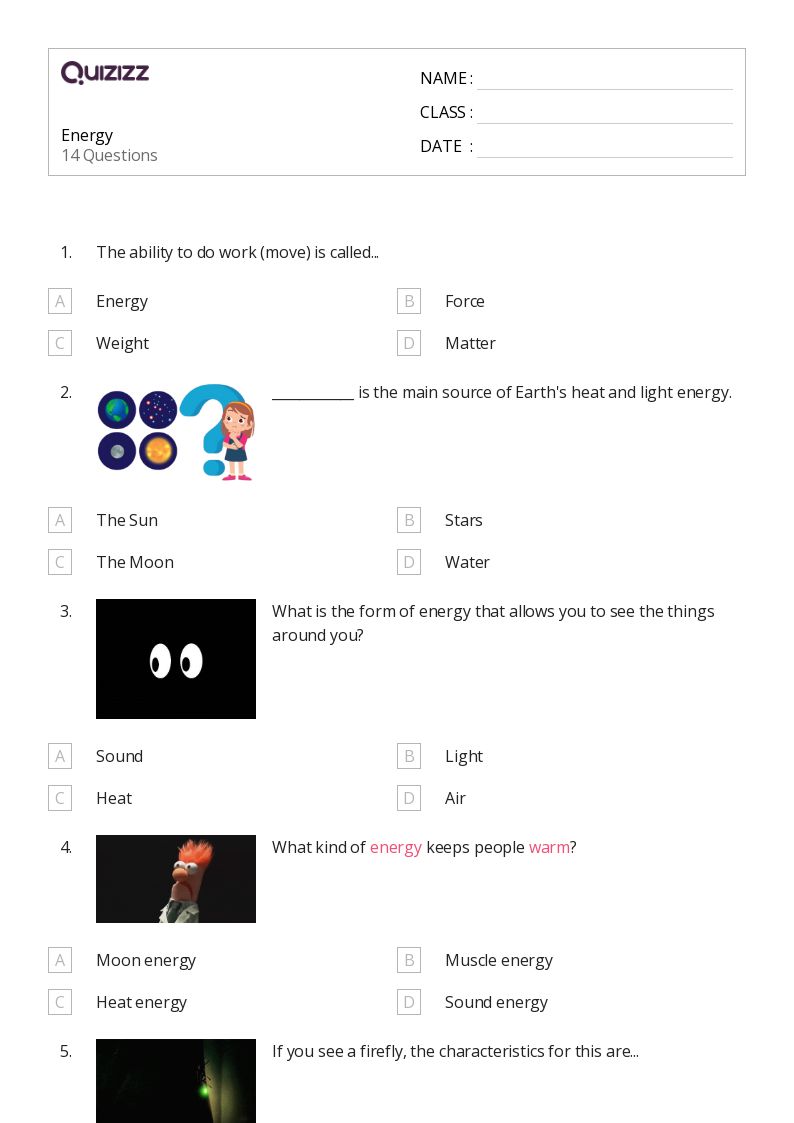 forms of energy worksheet 3rd grade