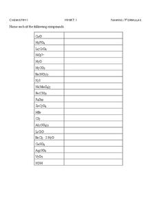 Chemistry - Naming and Formulas Worksheet for 10th - 12th Grade ...