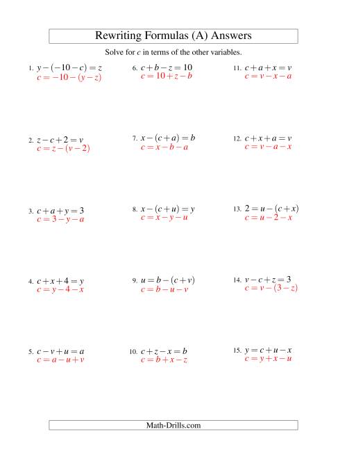 Rewriting Formulas -- Two-Steps -- Addition and Subtraction (A)
