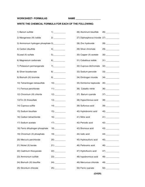 worksheet- formulas name