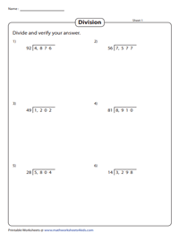 Dividing 4-digit by 2-digit Numbers Worksheets