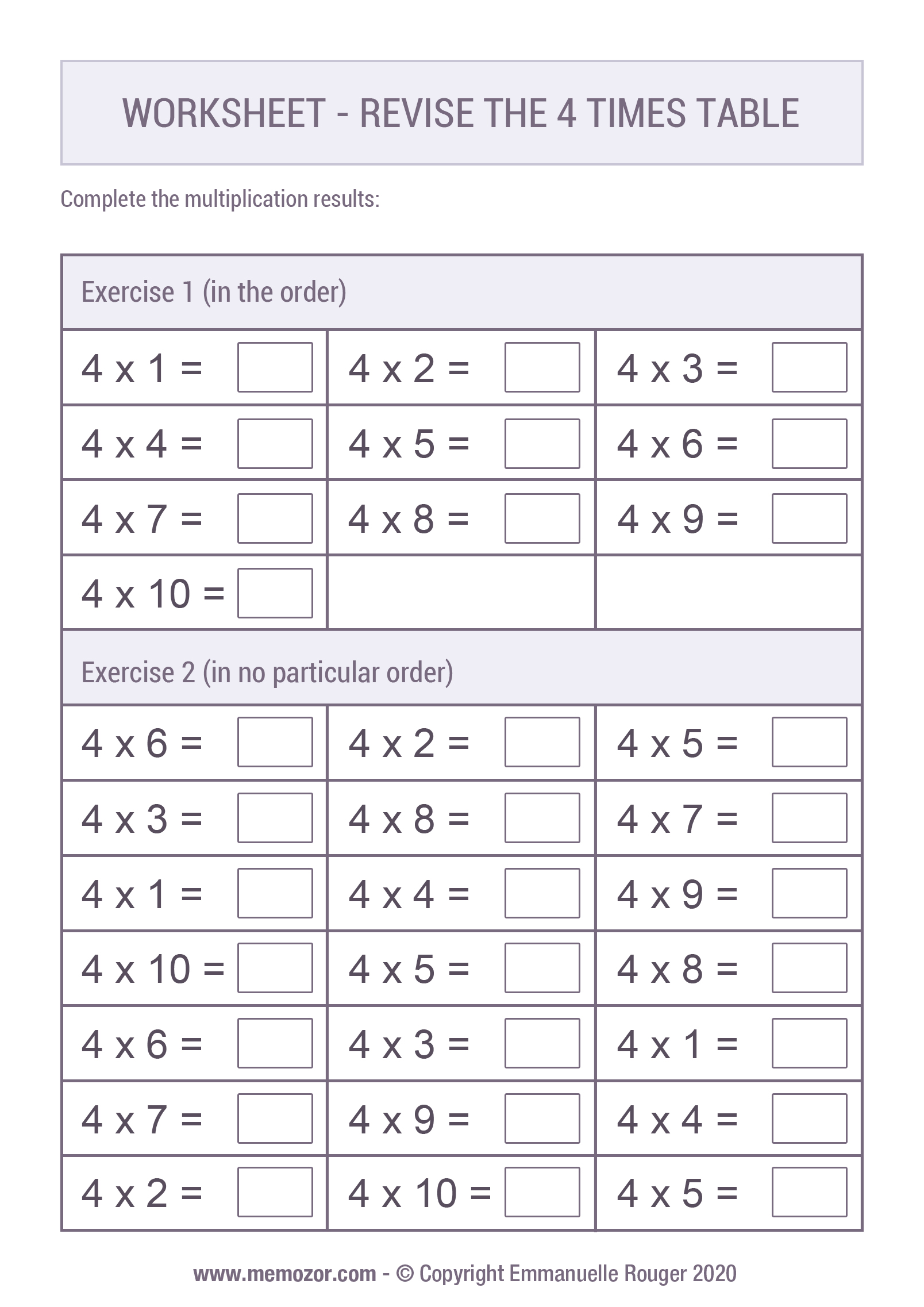 Pretty 4 Times table Chart - Print for free (many colors) | Memozor