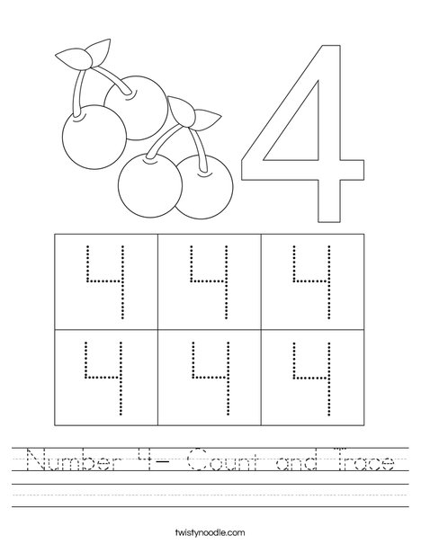 Number 4- Count and Trace Worksheet - Twisty Noodle