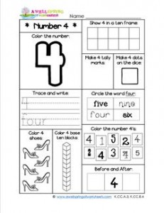 Number Worksheets for Kindergarten | Number 4 Worksheet