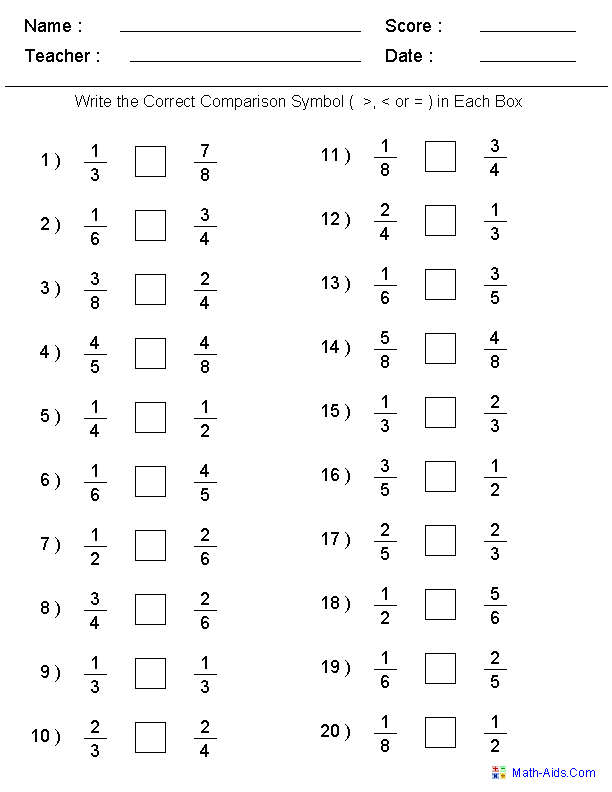 Fractions Worksheets | Printable Fractions Worksheets for Teachers