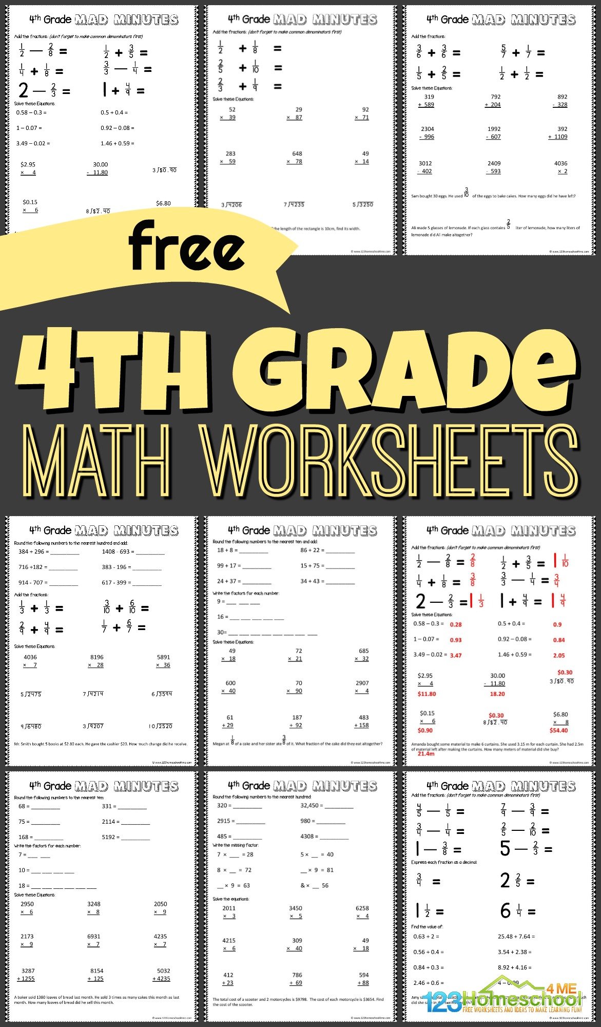 ✏️ FREE Printable 4th Grade Math Worksheets pdf
