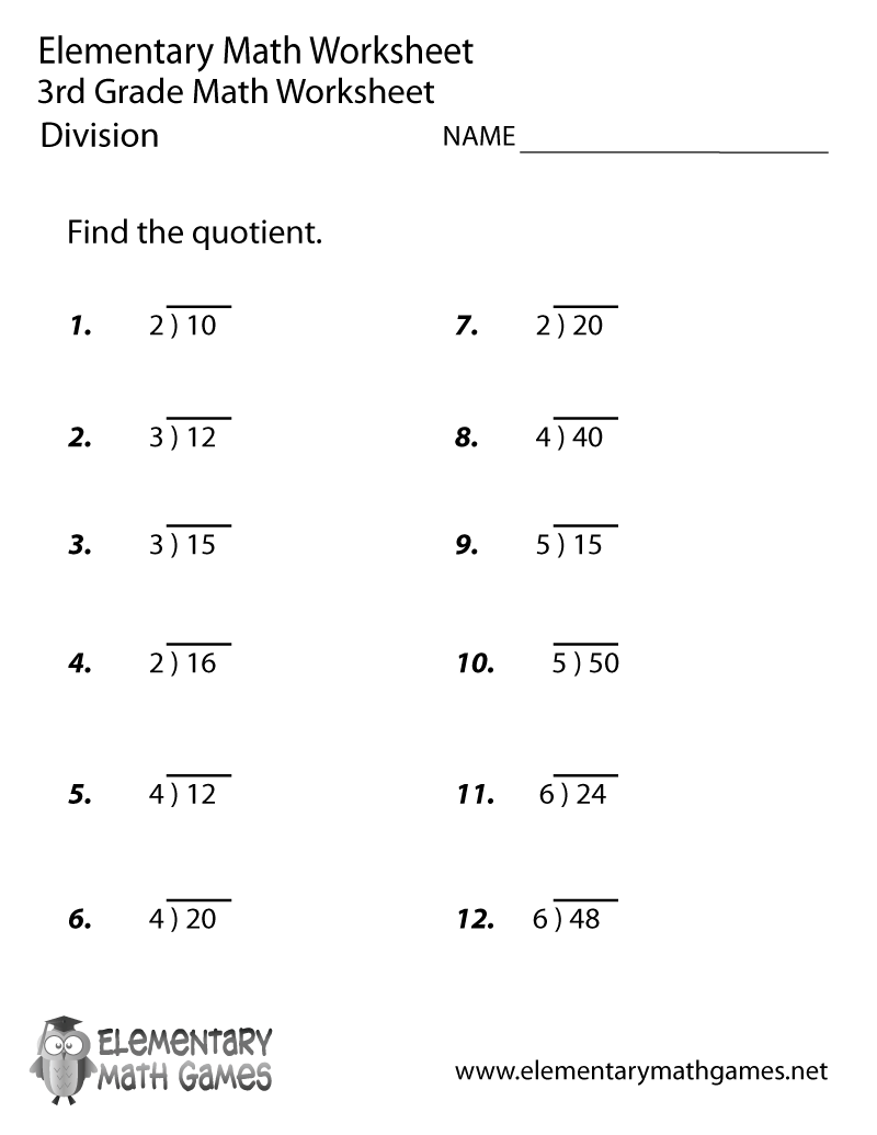 fourth grade math worksheet division