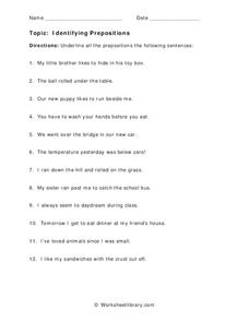 Identifying Prepositions Worksheet for 3rd - 4th Grade | Lesson Planet
