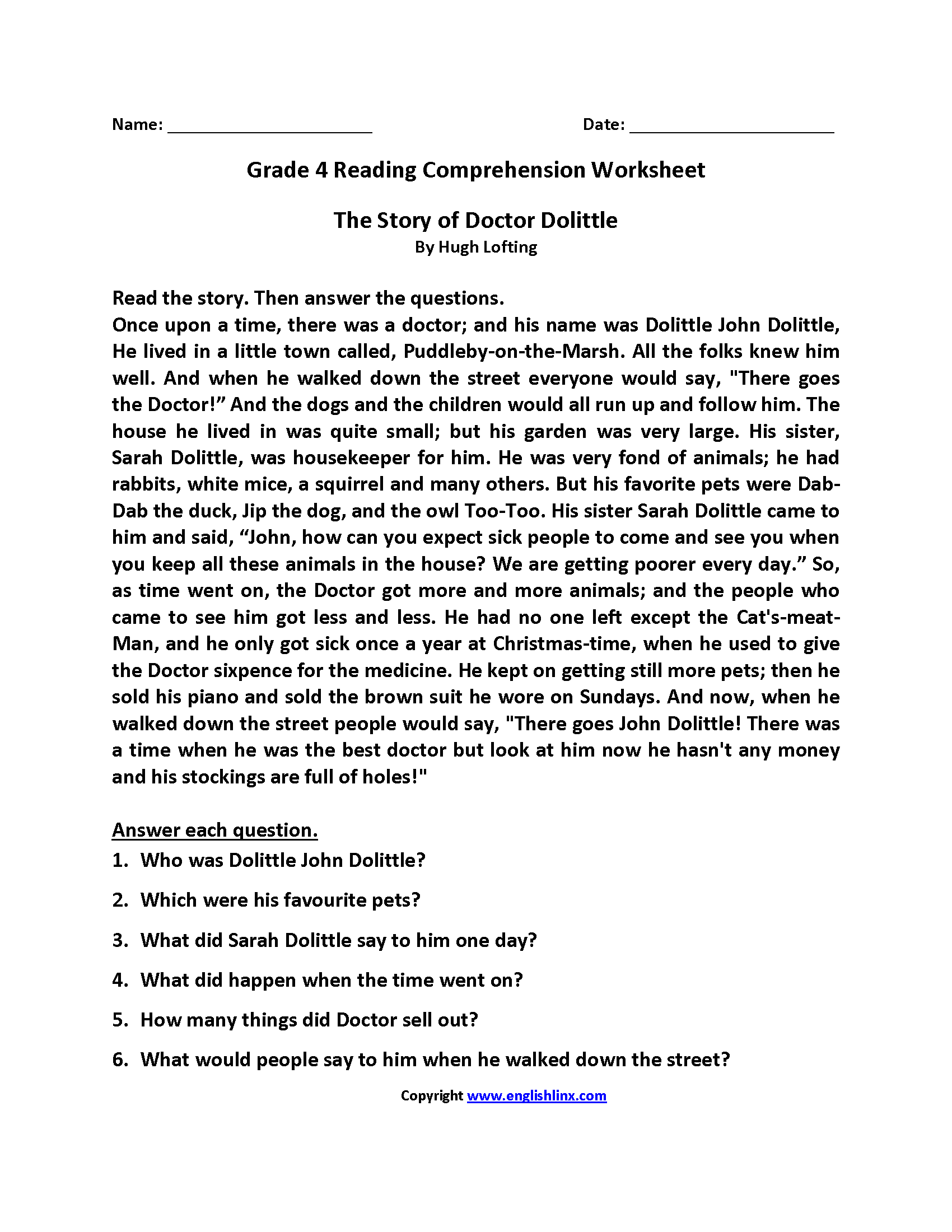 Reading Worksheets | Fourth Grade Reading Worksheets