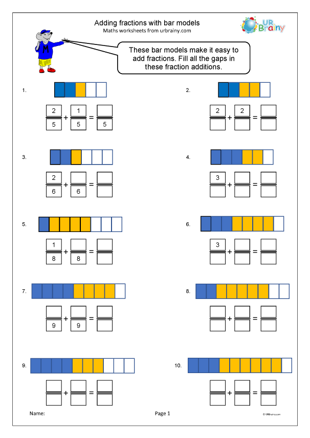 Adding fractions: bar models - Fraction Worksheets for Year 3 (age ...