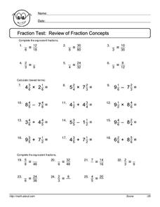 Fraction Test: Review of Fraction Concepts Worksheet for 4th - 5th ...