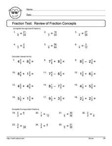 Fraction Test: Review of Fraction Concepts Worksheet for 6th - 7th ...