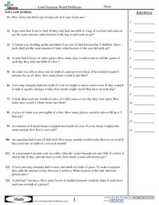 Unit Fraction Word Problems Worksheet for 5th - 7th Grade | Lesson ...
