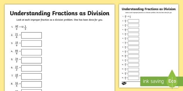 Understanding Fractions as Division Worksheet / Worksheet