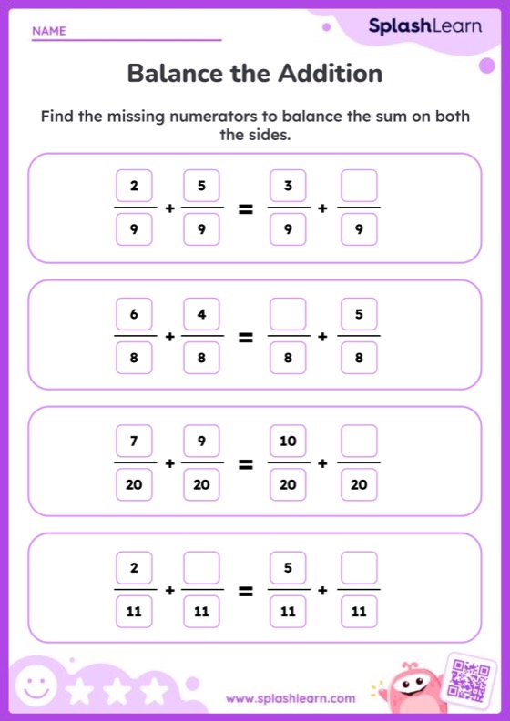 Balance the Fraction Addition — Printable Math Worksheet
