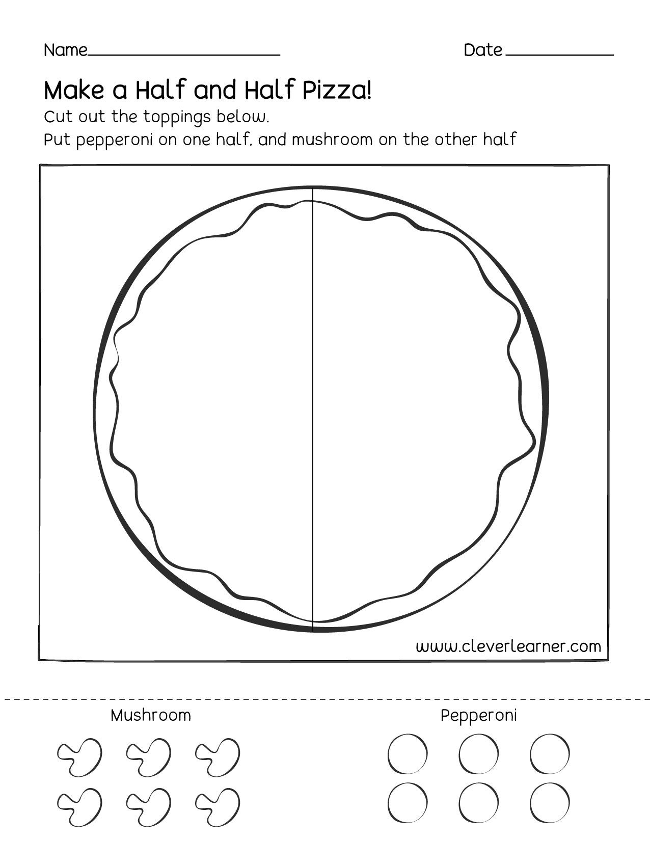 Fun activity on fractions, Half (1/2) worksheets for children