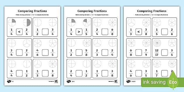 fraction greater than less worksheet