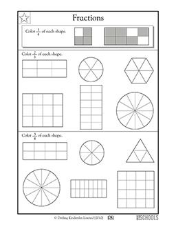 Fractions: coloring parts of shapes | 3rd grade Math Worksheet ...