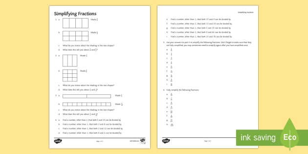 Simplifying Fractions Worksheet (teacher made) - Twinkl