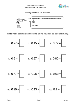 fraction into decimal worksheet
