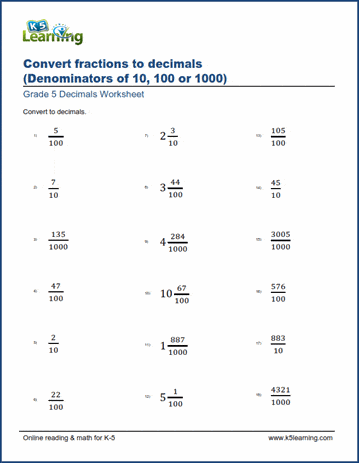 Worksheets: Convert fractions to decimals (denominator: 10/100 ...