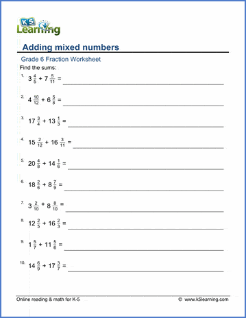 Grade 6 Addition and Subtraction of Fractions Worksheets - free ...