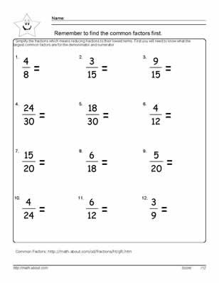 9 Worksheets on Simplifying Fractions for 6th Graders