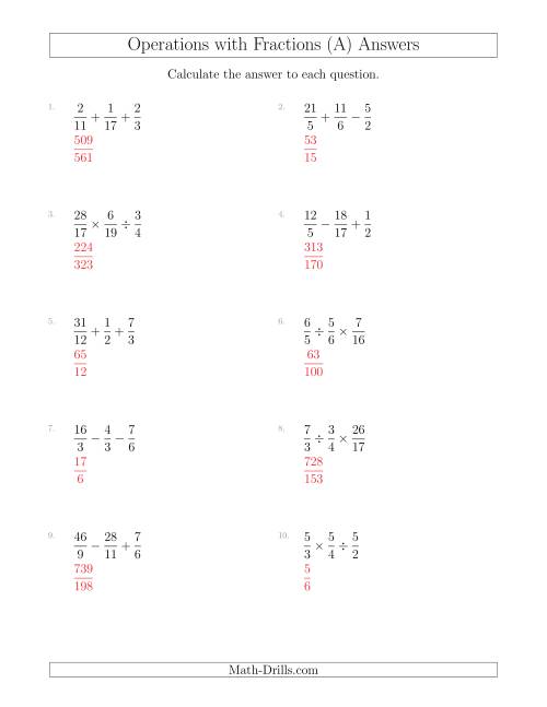 Mixed Operations with Three Fractions Including Improper Fractions (A)