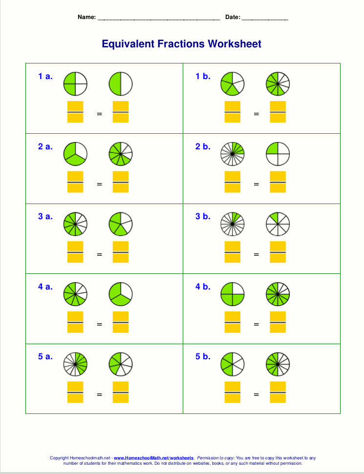 Free equivalent fractions worksheets with visual models