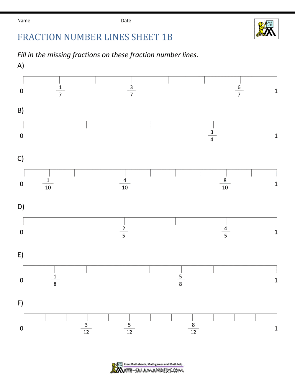 fraction number line worksheet grade 4