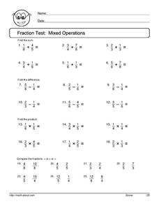 Fraction Test: Mixed Operations Worksheet for 4th - 5th Grade ...