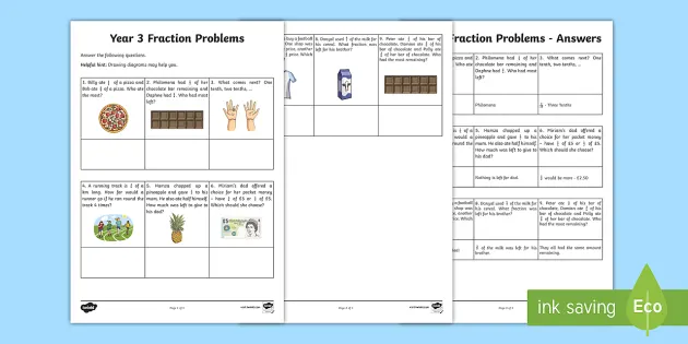 Year 3 Fraction Problems Worksheet / Worksheet - Twinkl