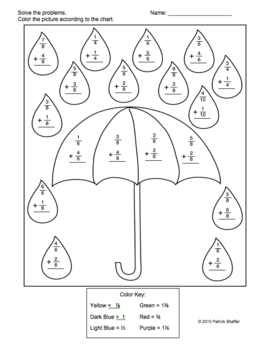 Fraction addition - Like Denominators - Rainy Day Coloring Puzzle
