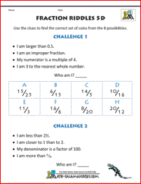 Free Printable Fraction Worksheets - Fraction Riddles (harder)