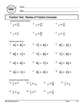 Fraction Tests and Worksheets