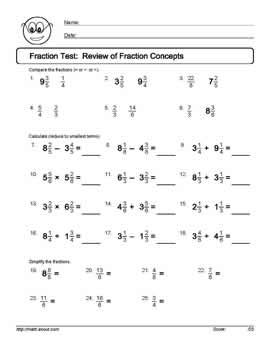 Fraction Tests and Worksheets