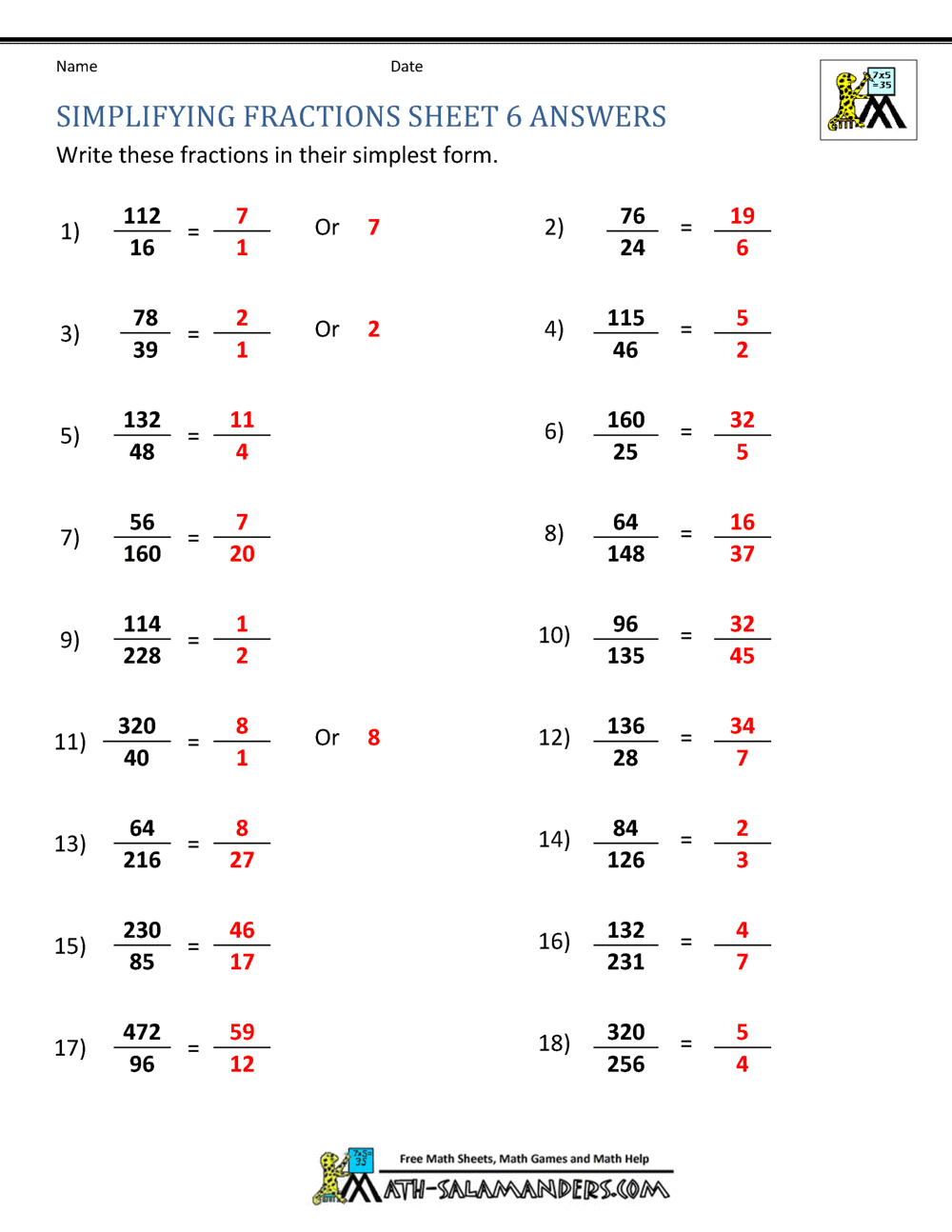 Simplifying Fractions Worksheet