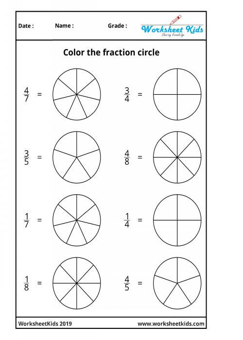 Fraction circles coloring printable worksheets | 3rd | 4th | 5th ...