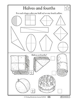 Finding 1/2 and 1/4, part 2 | 1st grade Math Worksheet | GreatSchools