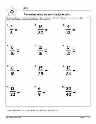 9 Worksheets on Simplifying Fractions for 6th Graders