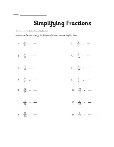 Simplifying Fractions activity  